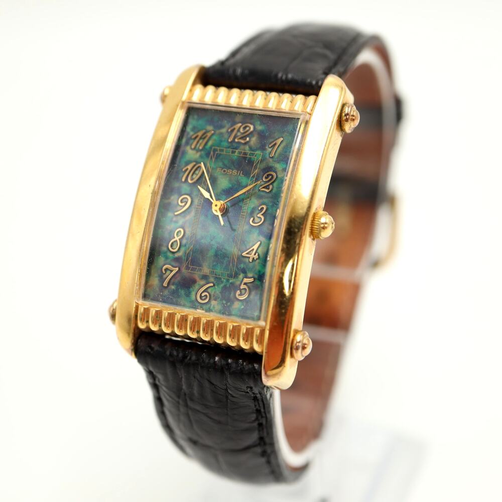 Vintage Fossil Gold Tone Abalone 25mm Curved Tank Watch DR2060 w New Battery